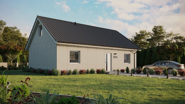 Projekt ERDOL 2 XL - Wersja prawa (salon po prawej stronie) - Dwuspadowy z poddaszem użytkowym – kąt nachylenia 35 stopni - Bez okien/świetlików dachowych - Okna standardowe - Bez styropianu, siatki i kleju - Biały - Bez instalacji fotowoltaicznej