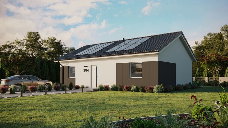 Projekt ERDOL 2 XL - Wersja lewa (salon po lewej stronie) - Dwuspadowy bez poddasza użytkowego – kąt nachylenia 25 stopni - Bez okien/świetlików dachowych - Okna standardowe - Styropian, siatka i klej - Biały - Instalacja fotowoltaiczna 4,8 kWp (12 paneli)