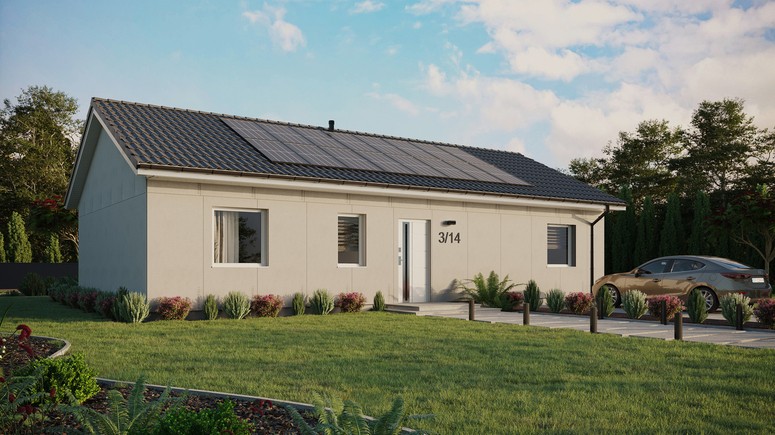 Projekt ERDOL 3 XL - Wersja prawa (salon po prawej stronie) - Dwuspadowy bez poddasza użytkowego – kąt nachylenia 25 stopni - Bez okien/świetlików dachowych - Okna standardowe - Bez styropianu, siatki i kleju - Biały - Instalacja fotowoltaiczna 6,4 kWp (16 paneli)