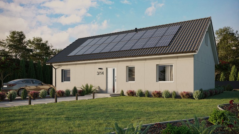 Projekt ERDOL 3 XL - Wersja lewa (salon po lewej stronie) - Dwuspadowy z poddaszem użytkowym – kąt nachylenia 35 stopni - Bez okien/świetlików dachowych - Okna standardowe - Bez styropianu, siatki i kleju - Biały - Instalacja fotowoltaiczna 8,0 kWp (20 paneli)