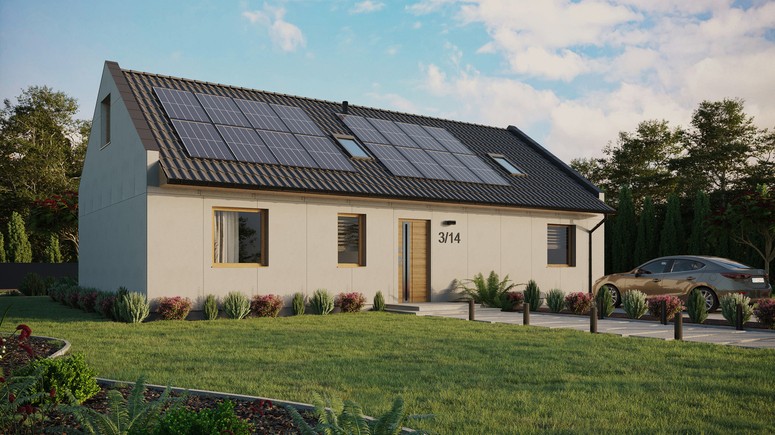Projekt ERDOL 3 XL - Wersja prawa (salon po prawej stronie) - Dwuspadowy nowoczesny z poddaszem użytkowym – kąt nachylenia 35 stopni - Dwa okna dachowe pokojowe i okno dachowe łazienkowe - Okno balkonowe w jadalni - Bez styropianu, siatki i kleju - Winchester - Instalacja fotowoltaiczna 6,4 kWp (16 paneli)