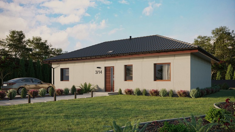 Projekt ERDOL 3 XL - Wersja lewa (salon po lewej stronie) - Czterospadowy bez poddasza użytkowego – kąt nachylenia 25 stopni - Świetlik dachowy - Okna standardowe - Bez styropianu, siatki i kleju - Orzech