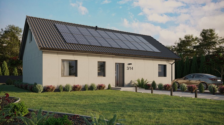 Projekt ERDOL 3 XL - Wersja prawa (salon po prawej stronie) - Dwuspadowy z poddaszem użytkowym – kąt nachylenia 35 stopni - Bez okien/świetlików dachowych - Okna standardowe - Bez styropianu, siatki i kleju - Antracyt - Instalacja fotowoltaiczna 8,0 kWp (20 paneli)
