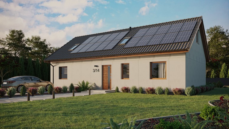 Projekt ERDOL 3 XL - Wersja lewa (salon po lewej stronie) - Dwuspadowy z poddaszem użytkowym – kąt nachylenia 35 stopni - Dwa okna dachowe pokojowe - Okna standardowe - Bez styropianu, siatki i kleju - Złoty dąb - Instalacja fotowoltaiczna 8,0 kWp (20 paneli)