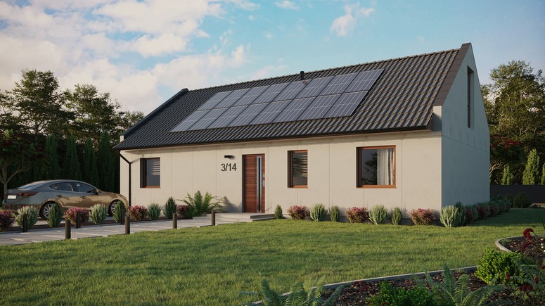 Projekt ERDOL 3 XL - Wersja lewa (salon po lewej stronie) - Dwuspadowy nowoczesny z poddaszem użytkowym – kąt nachylenia 35 stopni - Bez okien/świetlików dachowych - Okna na poddaszu do podłogi - Bez styropianu, siatki i kleju - Orzech - Instalacja fotowoltaiczna 6,4 kWp (16 paneli)