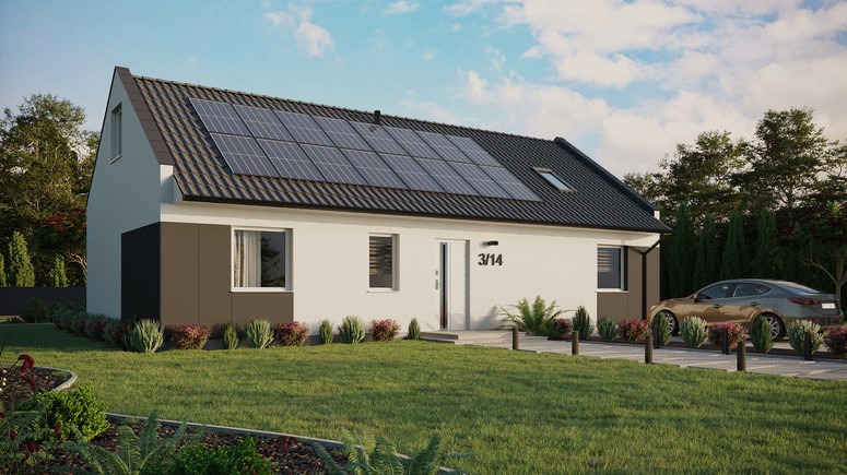Projekt ERDOL 3 XL - Wersja prawa (salon po prawej stronie) - Dwuspadowy nowoczesny z poddaszem użytkowym – kąt nachylenia 35 stopni - Okno dachowe pokojowe i łazienkowe - Okna standardowe - Styropian, siatka i klej - Biały - Instalacja fotowoltaiczna 6,4 kWp (16 paneli)