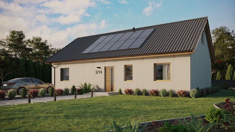 Projekt ERDOL 3 XL - Wersja lewa (salon po lewej stronie) - Dwuspadowy z poddaszem użytkowym – kąt nachylenia 35 stopni - Bez okien/świetlików dachowych - Okno balkonowe w jadalni - Bez styropianu, siatki i kleju - Winchester - Instalacja fotowoltaiczna 4,8 kWp (12 paneli)