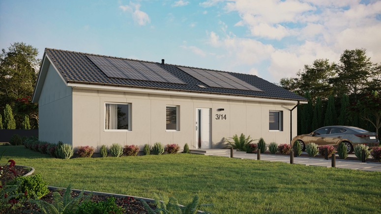 Projekt ERDOL 3 XL - Wersja prawa (salon po prawej stronie) - Dwuspadowy bez poddasza użytkowego – kąt nachylenia 25 stopni - Świetlik dachowy - Okna standardowe - Bez styropianu, siatki i kleju - Biały - Instalacja fotowoltaiczna 6,4 kWp (16 paneli)