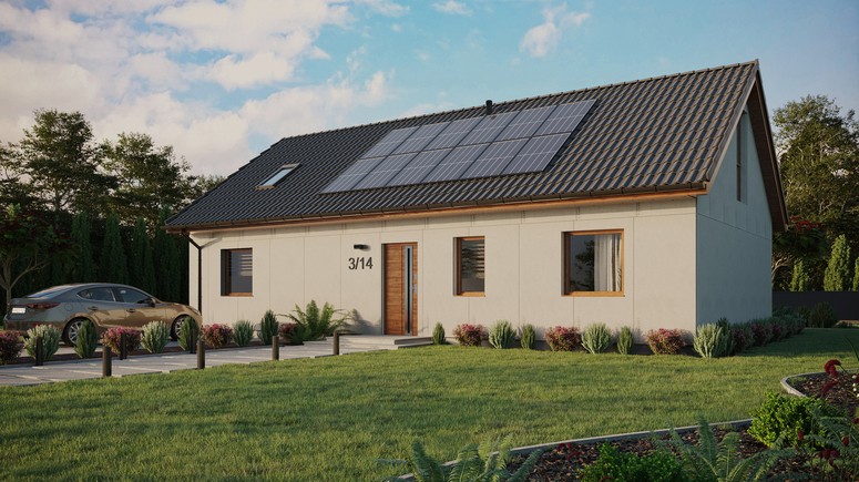 Projekt ERDOL 3 XL - Wersja lewa (salon po lewej stronie) - Dwuspadowy z poddaszem użytkowym – kąt nachylenia 35 stopni - Okno dachowe pokojowe i łazienkowe - Okna na poddaszu do podłogi - Bez styropianu, siatki i kleju - Złoty dąb - Instalacja fotowoltaiczna 4,8 kWp (12 paneli)