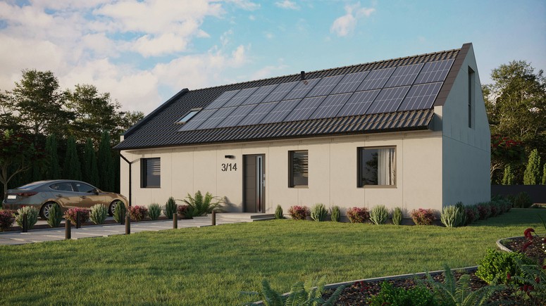 Projekt ERDOL 3 XL - Wersja lewa (salon po lewej stronie) - Dwuspadowy nowoczesny z poddaszem użytkowym – kąt nachylenia 35 stopni - Okno dachowe pokojowe i łazienkowe - Okna na poddaszu do podłogi - Bez styropianu, siatki i kleju - Antracyt - Instalacja fotowoltaiczna 8,0 kWp (20 paneli)