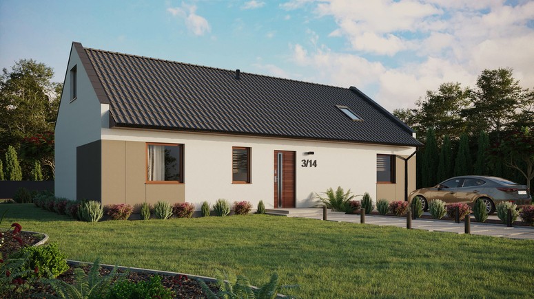 Projekt ERDOL 3 XL - Wersja prawa (salon po prawej stronie) - Dwuspadowy nowoczesny z poddaszem użytkowym – kąt nachylenia 35 stopni - Okno dachowe pokojowe i łazienkowe - Okna standardowe - Styropian, siatka i klej - Orzech - Bez instalacji fotowoltaicznej