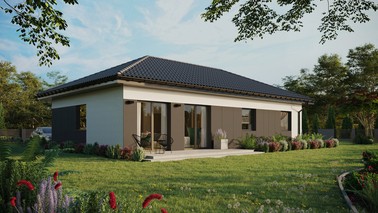 Projekt ERDOL 3 XL - Wersja prawa (salon po prawej stronie) - Czterospadowy bez poddasza użytkowego – kąt nachylenia 25 stopni - Bez okien/świetlików dachowych - Okna standardowe - Styropian, siatka i klej - Antracyt