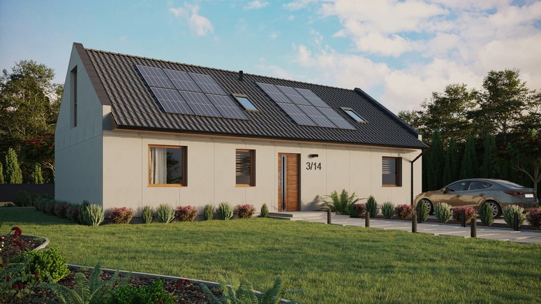 Projekt ERDOL 3 XL - Wersja prawa (salon po prawej stronie) - Dwuspadowy nowoczesny z poddaszem użytkowym – kąt nachylenia 35 stopni - Dwa okna dachowe pokojowe i okno dachowe łazienkowe - Okno balkonowe w jadalni i okna na poddaszu do podłogi - Bez styropianu, siatki i kleju - Złoty dąb - Instalacja fotowoltaiczna 4,8 kWp (12 paneli)