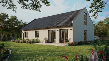 Projekt ERDOL 3 XL - Wersja lewa (salon po lewej stronie) - Dwuspadowy nowoczesny z poddaszem użytkowym – kąt nachylenia 35 stopni - Dwa okna dachowe pokojowe - Okno balkonowe w jadalni i okna na poddaszu do podłogi - Bez styropianu, siatki i kleju - Antracyt - Bez instalacji fotowoltaicznej