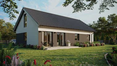 Projekt ERDOL 3 XL - Wersja prawa (salon po prawej stronie) - Dwuspadowy z poddaszem użytkowym – kąt nachylenia 35 stopni - Bez okien/świetlików dachowych - Okna na poddaszu do podłogi - Styropian, siatka i klej - Antracyt - Bez instalacji fotowoltaicznej