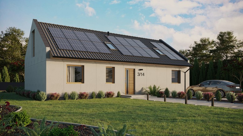 Projekt ERDOL 3 XL - Wersja prawa (salon po prawej stronie) - Dwuspadowy nowoczesny z poddaszem użytkowym – kąt nachylenia 35 stopni - Dwa okna dachowe pokojowe - Okna na poddaszu do podłogi - Bez styropianu, siatki i kleju - Winchester - Instalacja fotowoltaiczna 8,0 kWp (20 paneli)