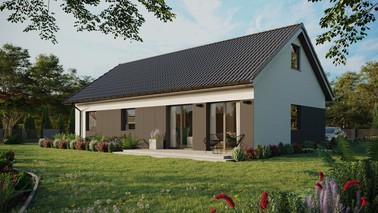 Projekt ERDOL 3 XL - Wersja lewa (salon po lewej stronie) - Dwuspadowy z poddaszem użytkowym – kąt nachylenia 35 stopni - Bez okien/świetlików dachowych - Okna standardowe - Styropian, siatka i klej - Antracyt - Bez instalacji fotowoltaicznej