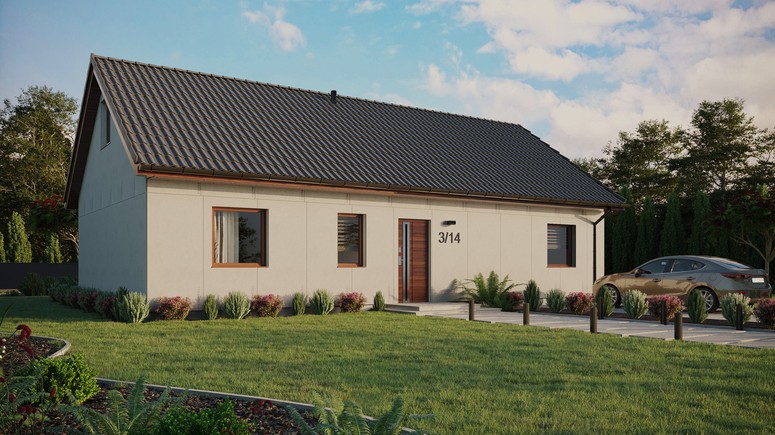 Projekt ERDOL 3 XL - Wersja prawa (salon po prawej stronie) - Dwuspadowy z poddaszem użytkowym – kąt nachylenia 35 stopni - Bez okien/świetlików dachowych - Okna standardowe - Bez styropianu, siatki i kleju - Orzech - Bez instalacji fotowoltaicznej