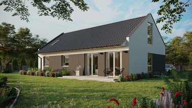 Projekt ERDOL 3 XL - Wersja lewa (salon po lewej stronie) - Dwuspadowy nowoczesny z poddaszem użytkowym – kąt nachylenia 35 stopni - Okno dachowe pokojowe i łazienkowe - Okno balkonowe w jadalni i okna na poddaszu do podłogi - Styropian, siatka i klej - Biały - Bez instalacji fotowoltaicznej