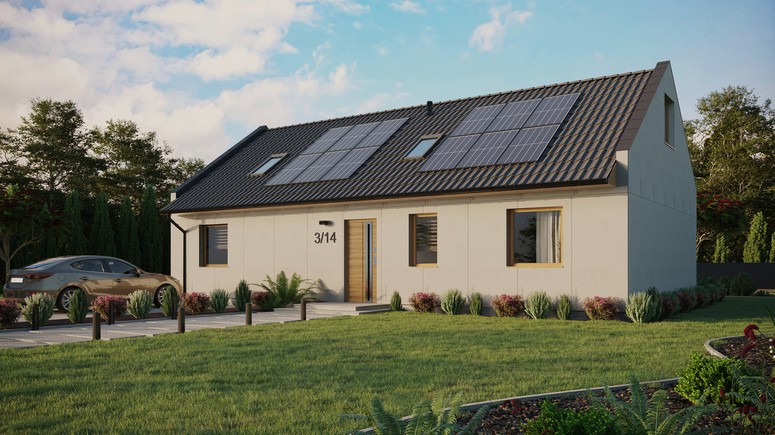 Projekt ERDOL 3 XL - Wersja lewa (salon po lewej stronie) - Dwuspadowy nowoczesny z poddaszem użytkowym – kąt nachylenia 35 stopni - Dwa okna dachowe pokojowe i okno dachowe łazienkowe - Okna standardowe - Bez styropianu, siatki i kleju - Winchester - Instalacja fotowoltaiczna 4,8 kWp (12 paneli)