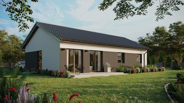 Projekt ERDOL 3 XL - Wersja prawa (salon po prawej stronie) - Dwuspadowy bez poddasza użytkowego – kąt nachylenia 25 stopni - Bez okien/świetlików dachowych - Okno balkonowe w jadalni - Styropian, siatka i klej - Antracyt - Bez instalacji fotowoltaicznej