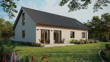 Projekt ERDOL 3 XL - Wersja prawa (salon po prawej stronie) - Dwuspadowy z poddaszem użytkowym – kąt nachylenia 35 stopni - Okno dachowe pokojowe i łazienkowe - Okna na poddaszu do podłogi - Bez styropianu, siatki i kleju - Orzech - Bez instalacji fotowoltaicznej