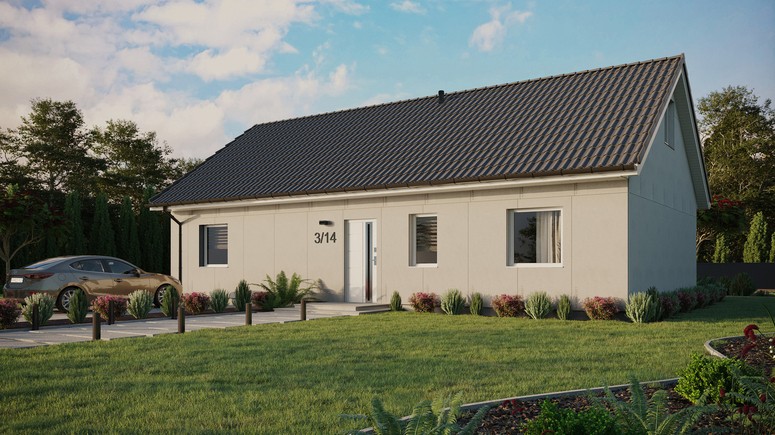 Projekt ERDOL 3 XL - Wersja lewa (salon po lewej stronie) - Dwuspadowy z poddaszem użytkowym – kąt nachylenia 35 stopni - Bez okien/świetlików dachowych - Okna standardowe - Bez styropianu, siatki i kleju - Biały - Bez instalacji fotowoltaicznej