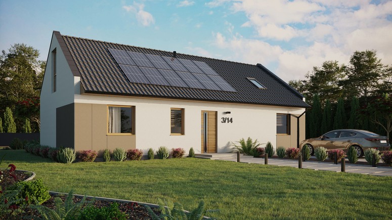 Projekt ERDOL 3 XL - Wersja prawa (salon po prawej stronie) - Dwuspadowy nowoczesny z poddaszem użytkowym – kąt nachylenia 35 stopni - Okno dachowe pokojowe i łazienkowe - Okna na poddaszu do podłogi - Styropian, siatka i klej - Winchester - Instalacja fotowoltaiczna 4,8 kWp (12 paneli)