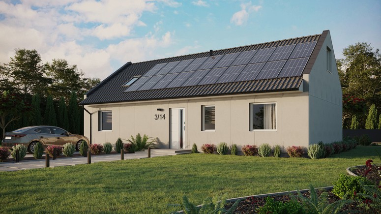 Projekt ERDOL 3 XL - Wersja lewa (salon po lewej stronie) - Dwuspadowy nowoczesny z poddaszem użytkowym – kąt nachylenia 35 stopni - Okno dachowe pokojowe i łazienkowe - Okna standardowe - Bez styropianu, siatki i kleju - Biały - Instalacja fotowoltaiczna 8,0 kWp (20 paneli)