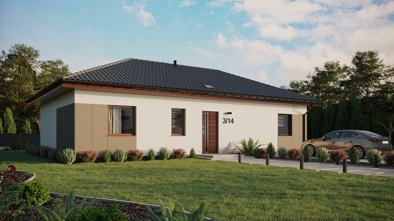 Projekt ERDOL 3 XL - Wersja prawa (salon po prawej stronie) - Czterospadowy bez poddasza użytkowego – kąt nachylenia 25 stopni - Świetlik dachowy - Okna standardowe - Styropian, siatka i klej - Orzech