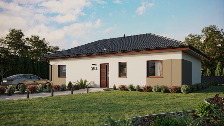 Projekt ERDOL 3 XL - Wersja lewa (salon po lewej stronie) - Czterospadowy bez poddasza użytkowego – kąt nachylenia 25 stopni - Świetlik dachowy - Okna standardowe - Styropian, siatka i klej - Orzech