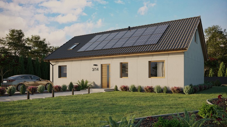 Projekt ERDOL 3 XL - Wersja lewa (salon po lewej stronie) - Dwuspadowy z poddaszem użytkowym – kąt nachylenia 35 stopni - Okno dachowe pokojowe i łazienkowe - Okno balkonowe w jadalni - Bez styropianu, siatki i kleju - Winchester - Instalacja fotowoltaiczna 6,4 kWp (16 paneli)