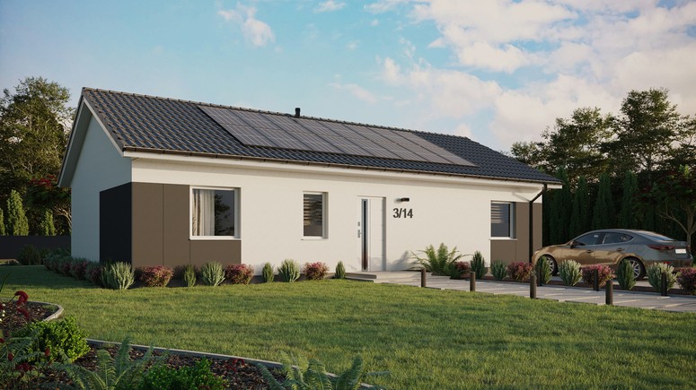 Projekt ERDOL 3 XL - Wersja prawa (salon po prawej stronie) - Dwuspadowy bez poddasza użytkowego – kąt nachylenia 25 stopni - Bez okien/świetlików dachowych - Okna standardowe - Styropian, siatka i klej - Biały - Instalacja fotowoltaiczna 6,4 kWp (16 paneli)