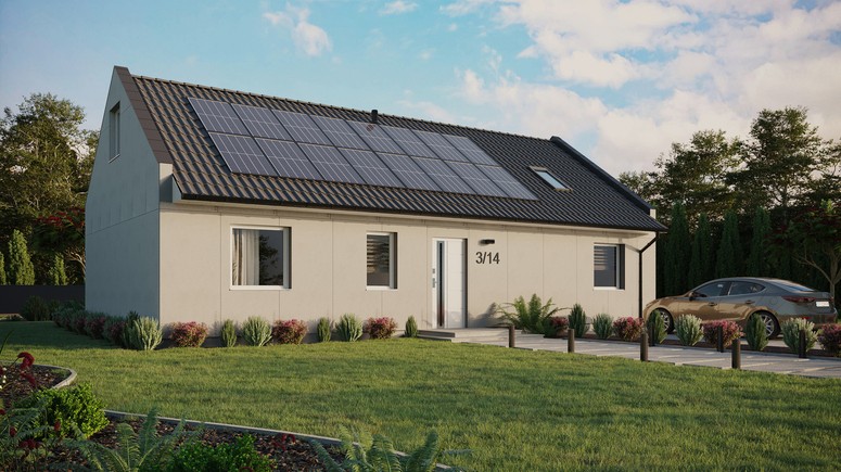 Projekt ERDOL 3 XL - Wersja prawa (salon po prawej stronie) - Dwuspadowy nowoczesny z poddaszem użytkowym – kąt nachylenia 35 stopni - Okno dachowe pokojowe i łazienkowe - Okna standardowe - Bez styropianu, siatki i kleju - Biały - Instalacja fotowoltaiczna 6,4 kWp (16 paneli)