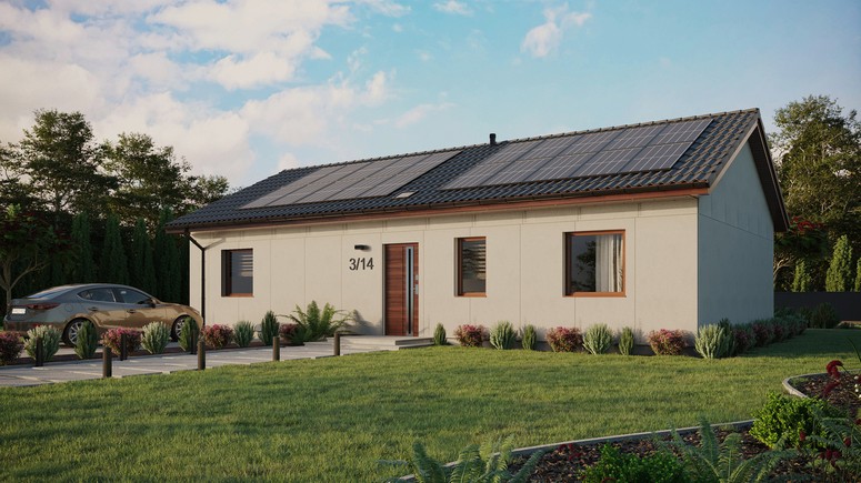 Projekt ERDOL 3 XL - Wersja lewa (salon po lewej stronie) - Dwuspadowy bez poddasza użytkowego – kąt nachylenia 25 stopni - Świetlik dachowy - Okna standardowe - Bez styropianu, siatki i kleju - Orzech - Instalacja fotowoltaiczna 8,0 kWp (20 paneli)