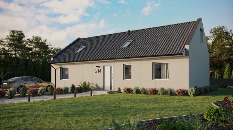 Projekt ERDOL 3 XL - Wersja lewa (salon po lewej stronie) - Dwuspadowy nowoczesny z poddaszem użytkowym – kąt nachylenia 35 stopni - Dwa okna dachowe pokojowe i okno dachowe łazienkowe - Okna standardowe - Bez styropianu, siatki i kleju - Biały - Bez instalacji fotowoltaicznej