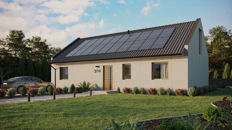 Projekt ERDOL 3 XL - Wersja lewa (salon po lewej stronie) - Dwuspadowy nowoczesny z poddaszem użytkowym – kąt nachylenia 35 stopni - Bez okien/świetlików dachowych - Okna na poddaszu do podłogi - Bez styropianu, siatki i kleju - Winchester - Instalacja fotowoltaiczna 8,0 kWp (20 paneli)