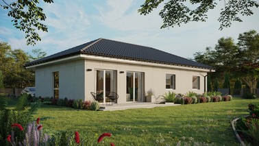 Projekt ERDOL 3 XL - Wersja prawa (salon po prawej stronie) - Czterospadowy bez poddasza użytkowego – kąt nachylenia 25 stopni - Bez okien/świetlików dachowych - Okno balkonowe w jadalni - Bez styropianu, siatki i kleju - Biały