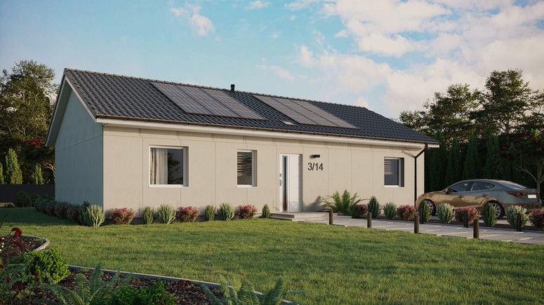 Projekt ERDOL 3 XL - Wersja prawa (salon po prawej stronie) - Dwuspadowy bez poddasza użytkowego – kąt nachylenia 25 stopni - Świetlik dachowy - Okna standardowe - Bez styropianu, siatki i kleju - Biały - Instalacja fotowoltaiczna 4,8 kWp (12 paneli)