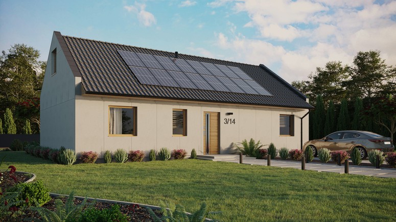 Projekt ERDOL 3 XL - Wersja prawa (salon po prawej stronie) - Dwuspadowy nowoczesny z poddaszem użytkowym – kąt nachylenia 35 stopni - Bez okien/świetlików dachowych - Okna standardowe - Bez styropianu, siatki i kleju - Winchester - Instalacja fotowoltaiczna 6,4 kWp (16 paneli)