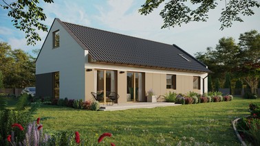 Projekt ERDOL 3 XL - Wersja prawa (salon po prawej stronie) - Dwuspadowy nowoczesny z poddaszem użytkowym – kąt nachylenia 35 stopni - Dwa okna dachowe pokojowe i okno dachowe łazienkowe - Okno balkonowe w jadalni - Styropian, siatka i klej - Winchester - Instalacja fotowoltaiczna 4,8 kWp (12 paneli)