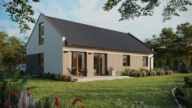 Projekt ERDOL 3 XL - Wersja prawa (salon po prawej stronie) - Dwuspadowy nowoczesny z poddaszem użytkowym – kąt nachylenia 35 stopni - Bez okien/świetlików dachowych - Okna na poddaszu do podłogi - Styropian, siatka i klej - Orzech - Bez instalacji fotowoltaicznej