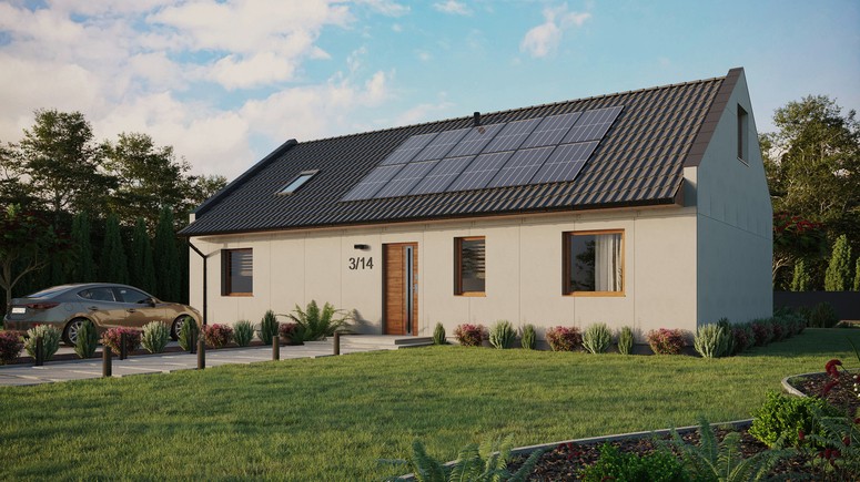 Projekt ERDOL 3 XL - Wersja lewa (salon po lewej stronie) - Dwuspadowy nowoczesny z poddaszem użytkowym – kąt nachylenia 35 stopni - Okno dachowe pokojowe i łazienkowe - Okna standardowe - Bez styropianu, siatki i kleju - Złoty dąb - Instalacja fotowoltaiczna 4,8 kWp (12 paneli)