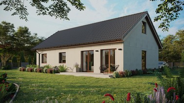 Projekt ERDOL 3 XL - Wersja lewa (salon po lewej stronie) - Dwuspadowy z poddaszem użytkowym – kąt nachylenia 35 stopni - Dwa okna dachowe pokojowe - Okno balkonowe w jadalni - Bez styropianu, siatki i kleju - Orzech - Bez instalacji fotowoltaicznej