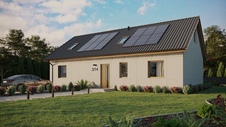 Projekt ERDOL 3 XL - Wersja lewa (salon po lewej stronie) - Dwuspadowy z poddaszem użytkowym – kąt nachylenia 35 stopni - Dwa okna dachowe pokojowe i okno dachowe łazienkowe - Okna standardowe - Bez styropianu, siatki i kleju - Winchester - Instalacja fotowoltaiczna 4,8 kWp (12 paneli)