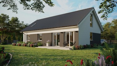 Projekt ERDOL 3 XL - Wersja lewa (salon po lewej stronie) - Dwuspadowy z poddaszem użytkowym – kąt nachylenia 35 stopni - Okno dachowe pokojowe i łazienkowe - Okna na poddaszu do podłogi - Styropian, siatka i klej - Biały - Bez instalacji fotowoltaicznej