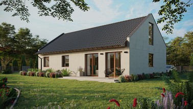 Projekt ERDOL 3 XL - Wersja lewa (salon po lewej stronie) - Dwuspadowy nowoczesny z poddaszem użytkowym – kąt nachylenia 35 stopni - Dwa okna dachowe pokojowe - Okna na poddaszu do podłogi - Bez styropianu, siatki i kleju - Orzech - Bez instalacji fotowoltaicznej