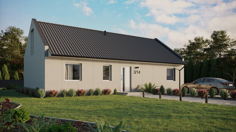 Projekt ERDOL 3 XL - Wersja prawa (salon po prawej stronie) - Dwuspadowy nowoczesny z poddaszem użytkowym – kąt nachylenia 35 stopni - Bez okien/świetlików dachowych - Okna na poddaszu do podłogi - Bez styropianu, siatki i kleju - Biały - Bez instalacji fotowoltaicznej