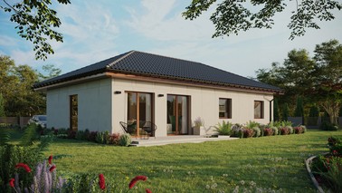 Projekt ERDOL 3 XL - Wersja prawa (salon po prawej stronie) - Czterospadowy bez poddasza użytkowego – kąt nachylenia 25 stopni - Bez okien/świetlików dachowych - Okno balkonowe w jadalni - Bez styropianu, siatki i kleju - Orzech