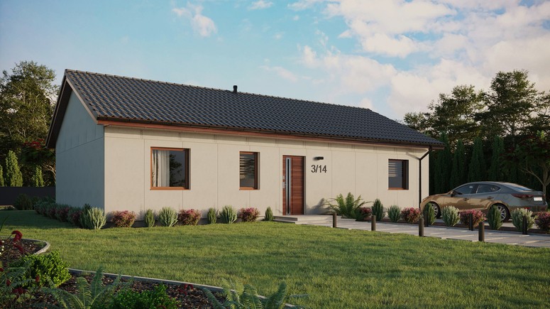 Projekt ERDOL 3 XL - Wersja prawa (salon po prawej stronie) - Dwuspadowy bez poddasza użytkowego – kąt nachylenia 25 stopni - Bez okien/świetlików dachowych - Okna standardowe - Bez styropianu, siatki i kleju - Orzech - Bez instalacji fotowoltaicznej